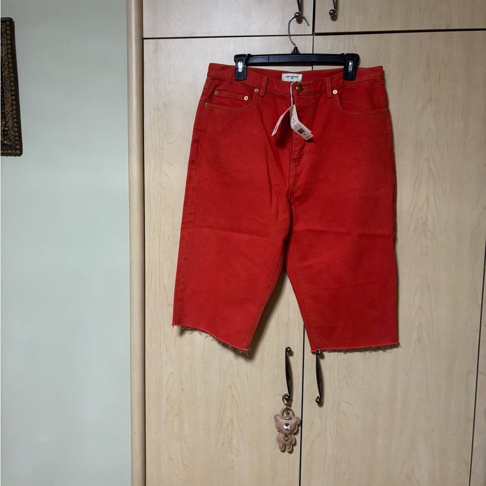 Tory Burch Red Jean Shorts with Drawstring Waist